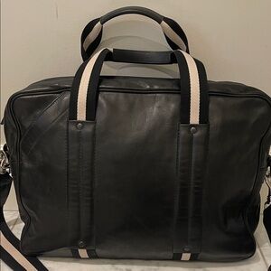 Bally Black Leather Laptop Bag with Black and Cream Striped Web Handles